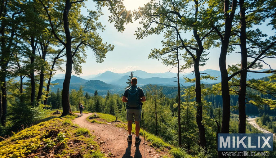 Hiker ngaso ing tilase alas emas sing disinari srengenge kanthi bukit-bukit lan pucuk sing adoh. Hiker ngaso ing tilase alas emas sing disinari srengenge kanthi bukit-bukit lan pucuk sing adoh.