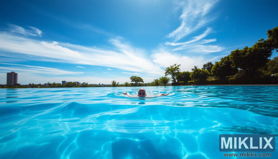 Swimmer in clear blue outdoor pool with arms outstretched, under a sunny sky and city skyline backdrop.