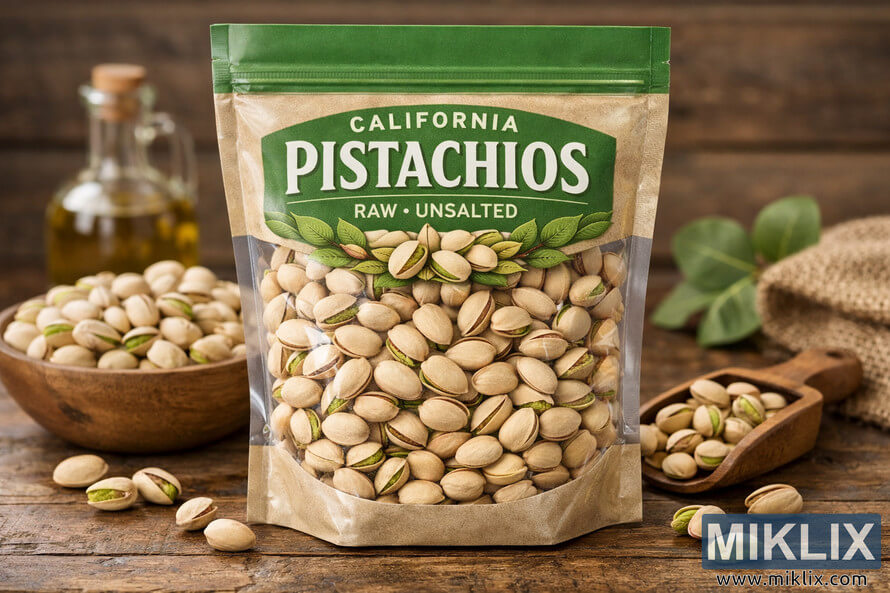 A clear plastic bag labeled 'California Pistachios – Raw Unsalted' standing upright on a rustic wooden table surrounded by loose pistachios, a wooden bowl, and a scoop. A clear plastic bag labeled 'California Pistachios – Raw Unsalted' standing upright on a rustic wooden table surrounded by loose pistachios, a wooden bowl, and a scoop.