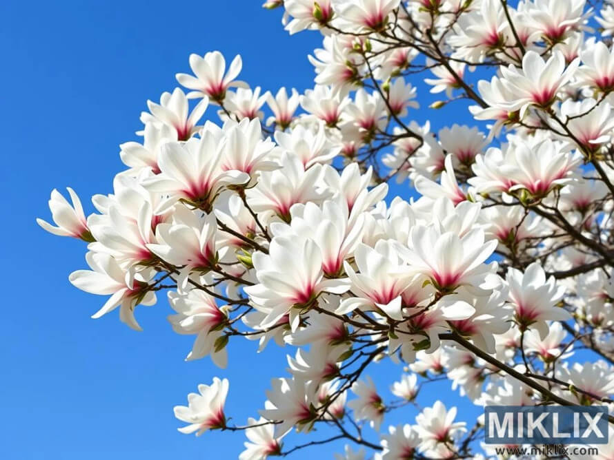 Hoa mộc lan Loebner hình ngôi sao màu trắng và hồng nở trên những cành cây mảnh mai dưới bầu trời xanh trong.