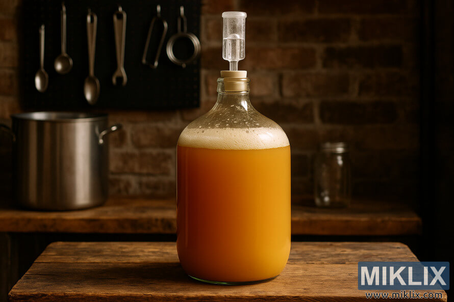 Glasballon gefüllt mit trübem, goldenem New England IPA, gärt auf einer Holzbank in einer rustikalen Heimbrauerei mit Ziegelwand und Brauwerkzeugen im Hintergrund. Glasballon gefüllt mit trübem, goldenem New England IPA, gärt auf einer Holzbank in einer rustikalen Heimbrauerei mit Ziegelwand und Brauwerkzeugen im Hintergrund.