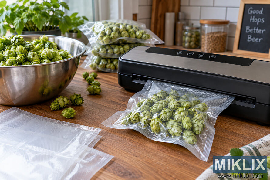 Fresh green hops being vacuum sealed in a clear storage bag on a wooden kitchen countertop, with a stainless-steel bowl of loose hops, empty sealing bags, and finished hop packages nearby. Fresh green hops being vacuum sealed in a clear storage bag on a wooden kitchen countertop, with a stainless-steel bowl of loose hops, empty sealing bags, and finished hop packages nearby.