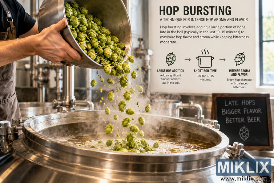 Brewer pours a large quantity of green hop cones into a steaming stainless-steel kettle during a hop-bursting demonstration, alongside an educational graphic explaining late hop additions, a short 10â15 minute boil, and increased hop aroma and flavor. Brewer pours a large quantity of green hop cones into a steaming stainless-steel kettle during a hop-bursting demonstration, alongside an educational graphic explaining late hop additions, a short 10â15 minute boil, and increased hop aroma and flavor.