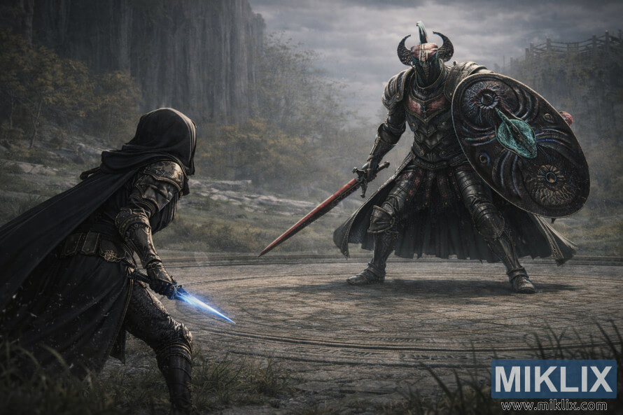 Fan art realistica di Elden Ring che mostra il Tarnished da dietro, di fronte a un imponente Cavaliere del Crogiolo nella prigione di Stormhill prima del combattimento.