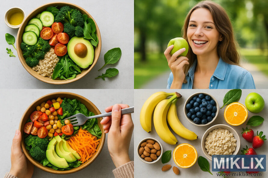 Kolaž sveže zelenjave, sadja, solatnih skled in polnovrednih živil za zdravo prehrano. Kolaž sveže zelenjave, sadja, solatnih skled in polnovrednih živil za zdravo prehrano.