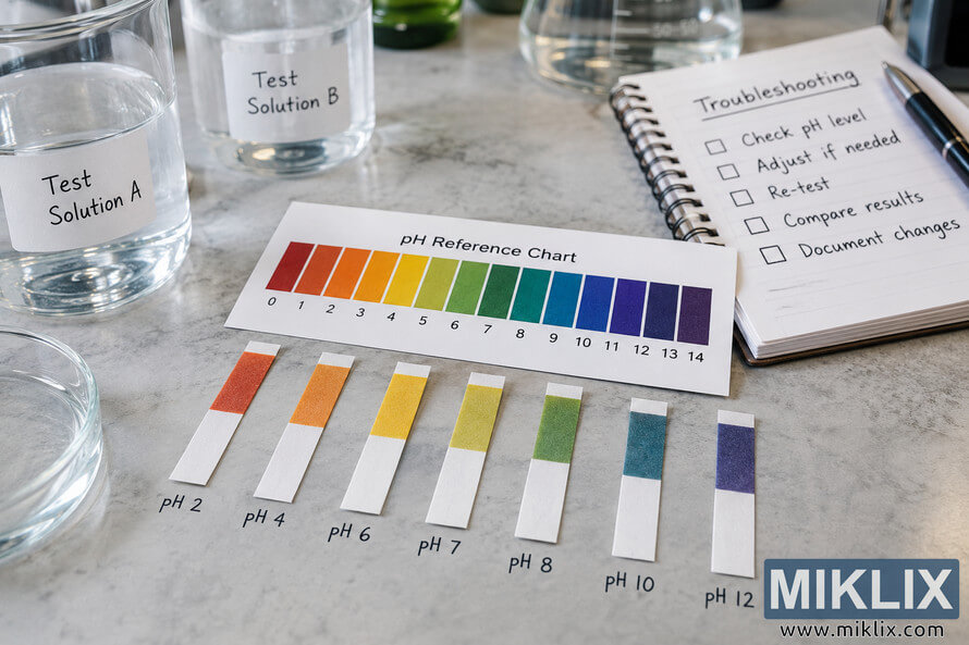 pH test strips in multiple colors beside a 0â14 reference chart, labeled test solutions, and a troubleshooting checklist on a laboratory work surface. pH test strips in multiple colors beside a 0â14 reference chart, labeled test solutions, and a troubleshooting checklist on a laboratory work surface.