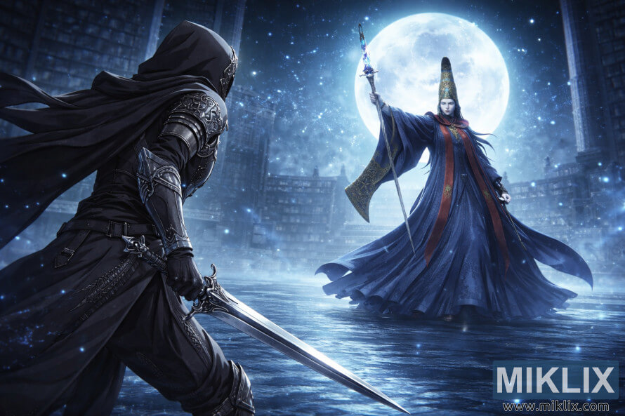 Fan art de style anime montrant le Sans-Ã©clat par derriÃ¨re Ã  gauche, maniant une Ã©pÃ©e et faisant face Ã  Rennala, Reine de la Pleine Lune, dans la bibliothÃ¨que Ã©clairÃ©e de lune de lâAcadÃ©mie Raya Lucaria.