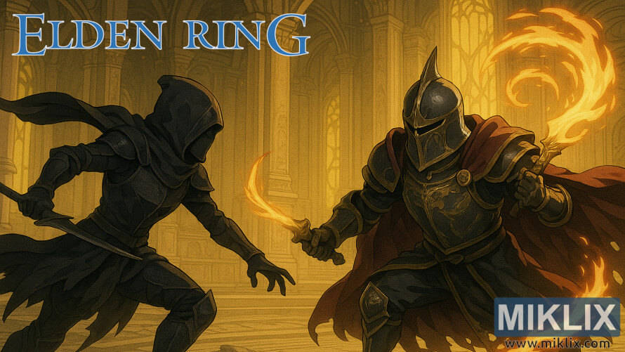 Illustration de style anime représentant un personnage en armure de Couteau Noir combattant Sir Gideon Ofnir avec une magie de feu dans une grande salle. Illustration de style anime représentant un personnage en armure de Couteau Noir combattant Sir Gideon Ofnir avec une magie de feu dans une grande salle.