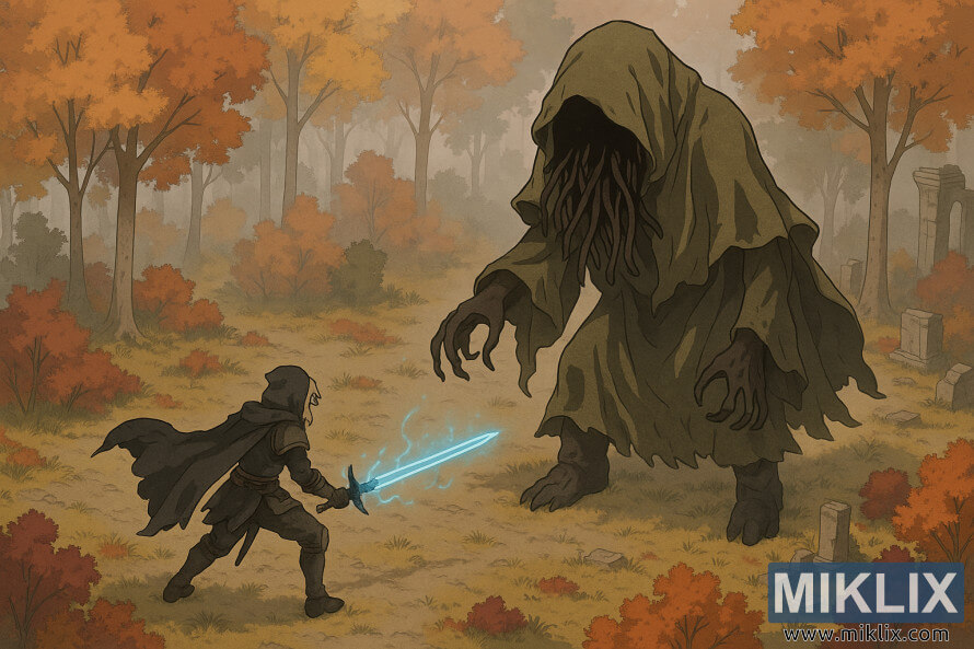 Escena isomÃ¨trica d'estil anime d'un Tarnished amb una espasa blava brillant enfrontant-se a un imponent Wormface entre arbres de tardor i ruÃ¯nes antigues.