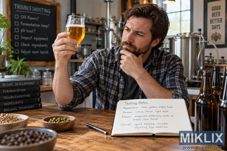Homebrewer in a warm brewing workspace thoughtfully inspects a golden beer in a tasting glass while an open notebook of tasting notes, brewing ingredients, reference books, stainless-steel equipment, and a troubleshooting checklist surround him. Homebrewer in a warm brewing workspace thoughtfully inspects a golden beer in a tasting glass while an open notebook of tasting notes, brewing ingredients, reference books, stainless-steel equipment, and a troubleshooting checklist surround him.