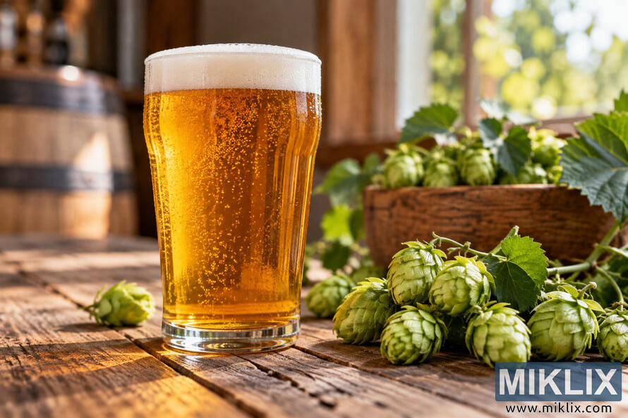 Cold golden pale ale with a foamy head in a clear pint glass beside fresh green hop cones and leaves on a rustic wooden table, illuminated by warm natural sunlight. Cold golden pale ale with a foamy head in a clear pint glass beside fresh green hop cones and leaves on a rustic wooden table, illuminated by warm natural sunlight.