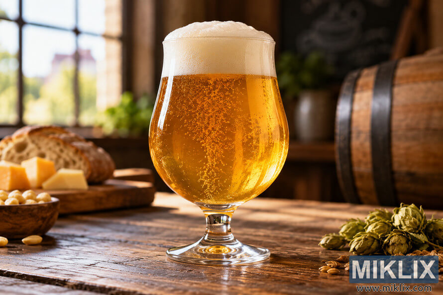 A golden Belgian Blonde Ale with white foam in a tulip glass on a rustic wooden table, surrounded by bread, cheese, hops, and grains in a warmly lit tavern. A golden Belgian Blonde Ale with white foam in a tulip glass on a rustic wooden table, surrounded by bread, cheese, hops, and grains in a warmly lit tavern.