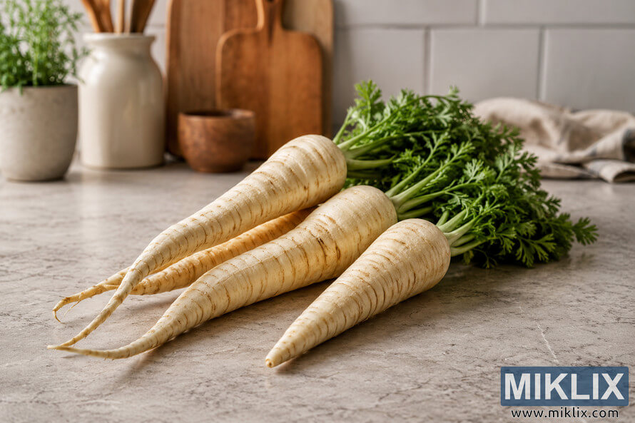 Fresh raw parsnips with leafy green tops resting on a light stone kitchen countertop in soft natural daylight, with a blurred modern kitchen background featuring wooden cutting boards, ceramic containers, and a small herb plant. Fresh raw parsnips with leafy green tops resting on a light stone kitchen countertop in soft natural daylight, with a blurred modern kitchen background featuring wooden cutting boards, ceramic containers, and a small herb plant.