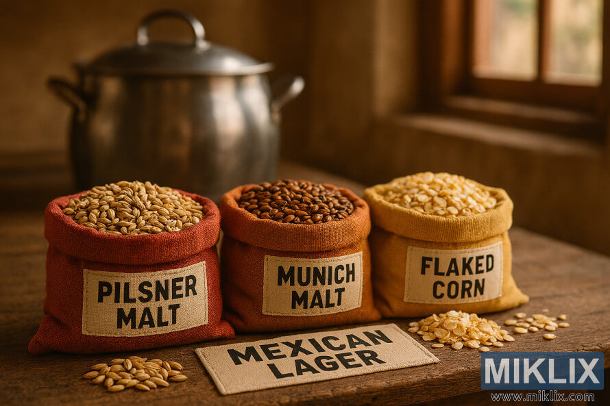 Colorful sacks of pilsner malt, Munich malt, and flaked corn labeled for Mexican lager on a rustic wooden table with a blurred stainless brewing kettle and sunlit brewery window in the background. Colorful sacks of pilsner malt, Munich malt, and flaked corn labeled for Mexican lager on a rustic wooden table with a blurred stainless brewing kettle and sunlit brewery window in the background.