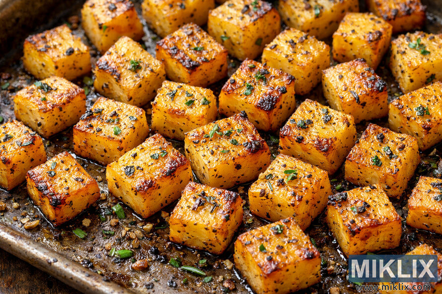 Golden-brown roasted rutabaga cubes sprinkled with herbs on a rustic baking sheet. Golden-brown roasted rutabaga cubes sprinkled with herbs on a rustic baking sheet.