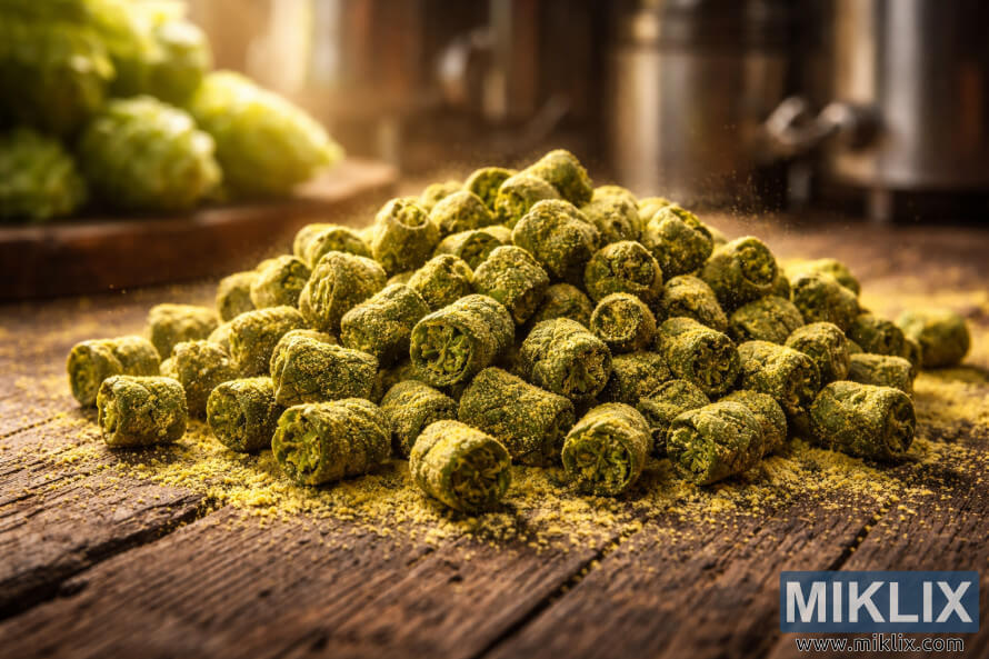 Close-up of green Tardif de Bourgogne hop pellets dusted with yellow lupulin powder on a rustic wooden surface, softly lit with blurred brewing equipment in the background.