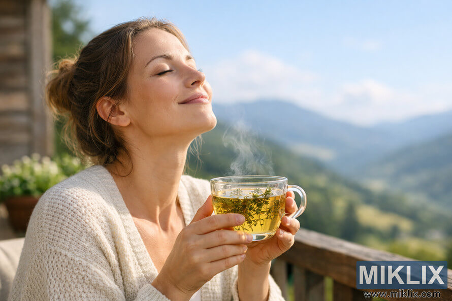 Woman sitting on a wooden balcony, eyes closed, holding a steaming cup of thyme tea while breathing fresh mountain air under soft morning sunlight. Woman sitting on a wooden balcony, eyes closed, holding a steaming cup of thyme tea while breathing fresh mountain air under soft morning sunlight.