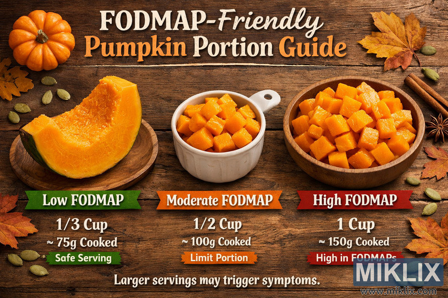 Infographic showing FODMAP-friendly pumpkin portion sizes with labeled servings for low, moderate, and high FODMAP levels on a rustic wooden background.