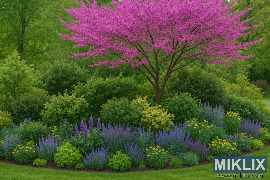 Un arbre de redbud Ã©clatant en pleine floraison sâÃ©lÃ¨ve au-dessus dâune bordure luxuriante et mixte dâarbustes et de vivaces dans un jardin paysager.