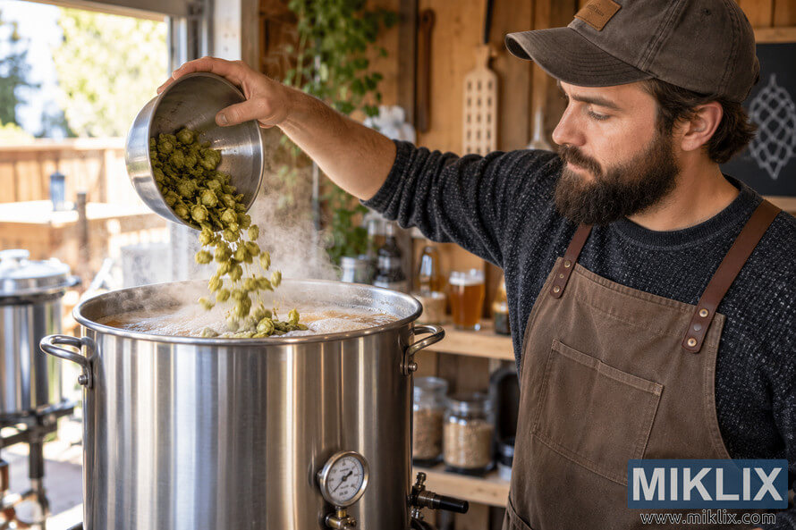 Homebrewer in a rustic brewing workspace pouring green hops from a metal bowl into a steaming stainless-steel kettle of boiling wort. Homebrewer in a rustic brewing workspace pouring green hops from a metal bowl into a steaming stainless-steel kettle of boiling wort.