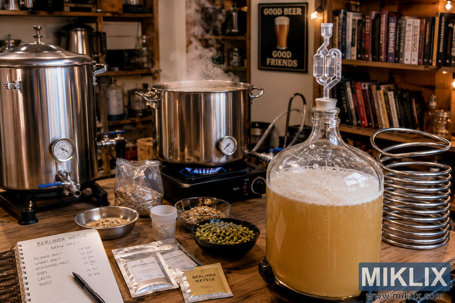 A cozy home brewery features a stainless steel mash tun, steaming brew kettle on a portable burner, bubbling glass fermentation carboy with foamy head, stainless cooling coil, brewing ingredients, and wooden shelves filled with brewing books and equipment under warm ambient lighting. A cozy home brewery features a stainless steel mash tun, steaming brew kettle on a portable burner, bubbling glass fermentation carboy with foamy head, stainless cooling coil, brewing ingredients, and wooden shelves filled with brewing books and equipment under warm ambient lighting.