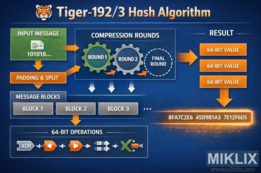 Landscape infographic showing the high-level flow of the Tiger-192/3 hash algorithm from input message through blocks and compression rounds to a 192-bit result.