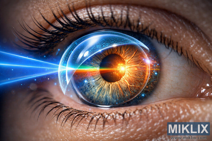Close-up of a healthy human eye showing detailed iris and retina protection with blue light filtering.