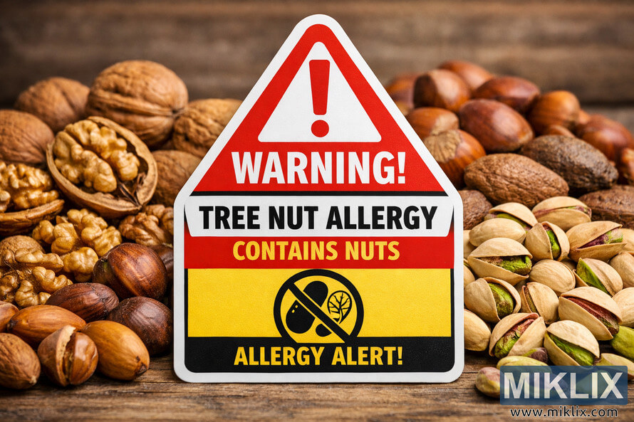 A food allergy warning sign surrounded by various tree nuts including pistachios, walnuts, hazelnuts, and almonds on a wooden surface. A food allergy warning sign surrounded by various tree nuts including pistachios, walnuts, hazelnuts, and almonds on a wooden surface.