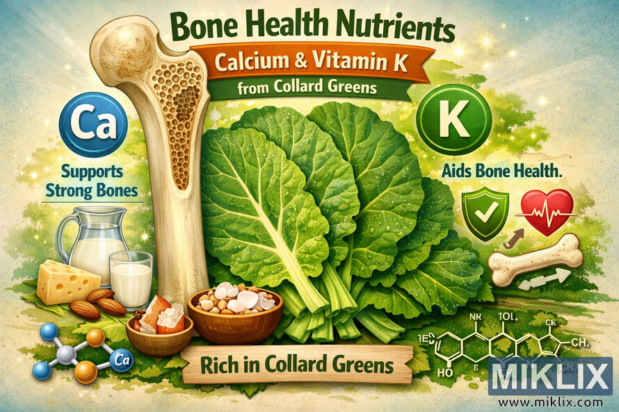 Educational landscape illustration showing a cutaway human femur bone with a porous interior, surrounded by icons for calcium and vitamin K. Educational landscape illustration showing a cutaway human femur bone with a porous interior, surrounded by icons for calcium and vitamin K.
