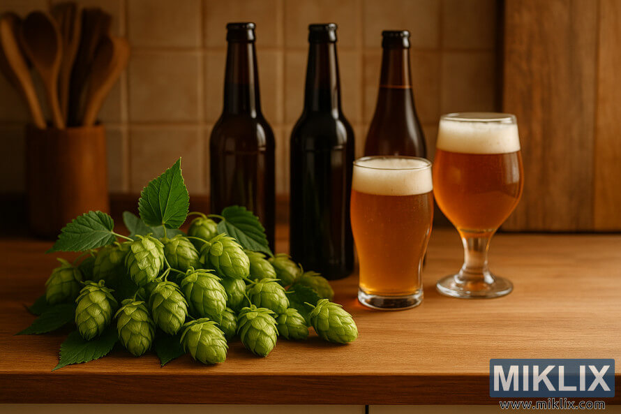 Des cÃ´nes de houblon verts frais sur un comptoir en bois Ã  cÃ´tÃ© de bouteilles de biÃ¨re ambrÃ©e et des verres remplis de lumiÃ¨re naturelle chaude.