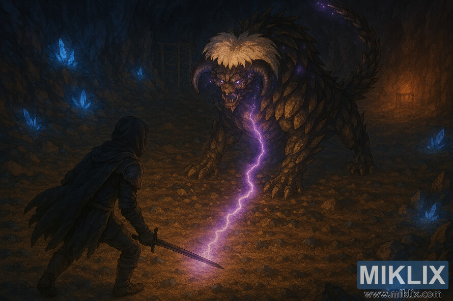 Semi-realistic image of the Tarnished fighting the Fallingstar Beast in a crystal-lit cavern