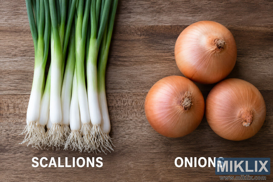 High-resolution landscape image showing a side-by-side comparison of scallions and regular onions arranged on a rustic wooden background. Fresh green scallions with white roots appear on the left, while three golden-brown onions are grouped on the right with clear labels identifying each vegetable.