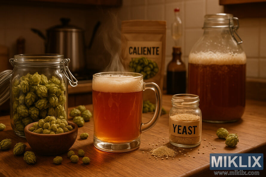 A warm, softly lit kitchen counter featuring a steaming mug of amber craft beer surrounded by hops, yeast, and brewing equipment.