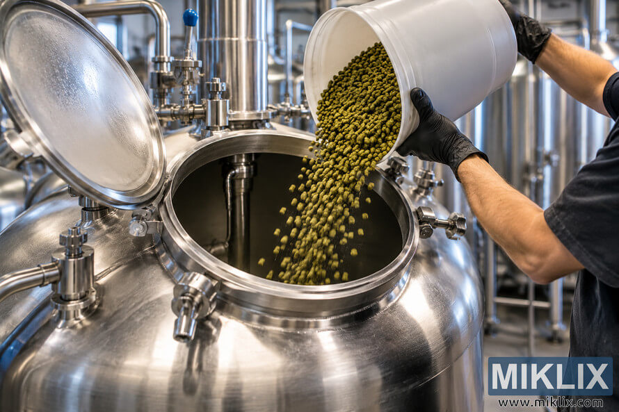 Brewery worker wearing black gloves pours green hop pellets from an unbranded white container into the open hatch of a polished stainless-steel fermentation tank in a modern brewery.