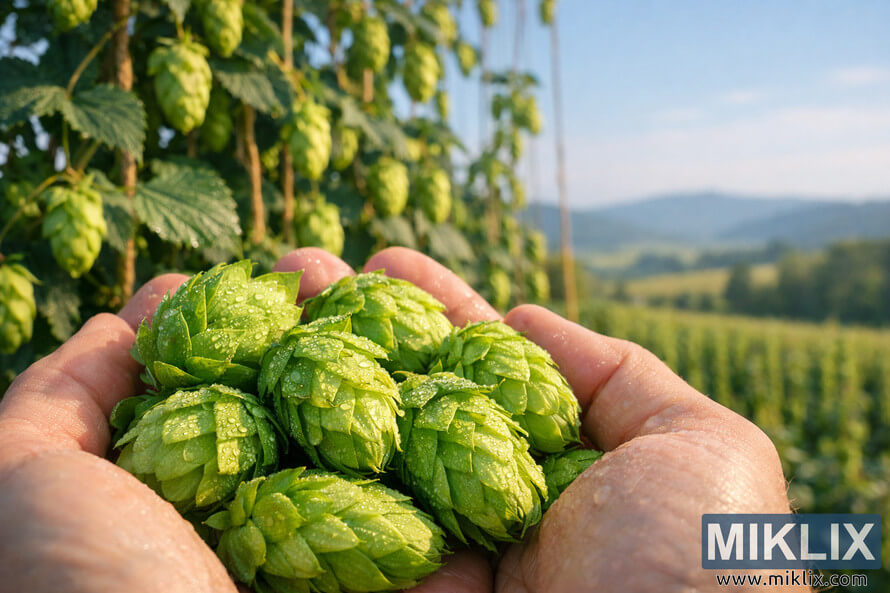 Close-up of fresh Nugget hop cones cradled in hands with dew droplets, hop bines on a trellis behind, and rolling hills under a clear blue sky.