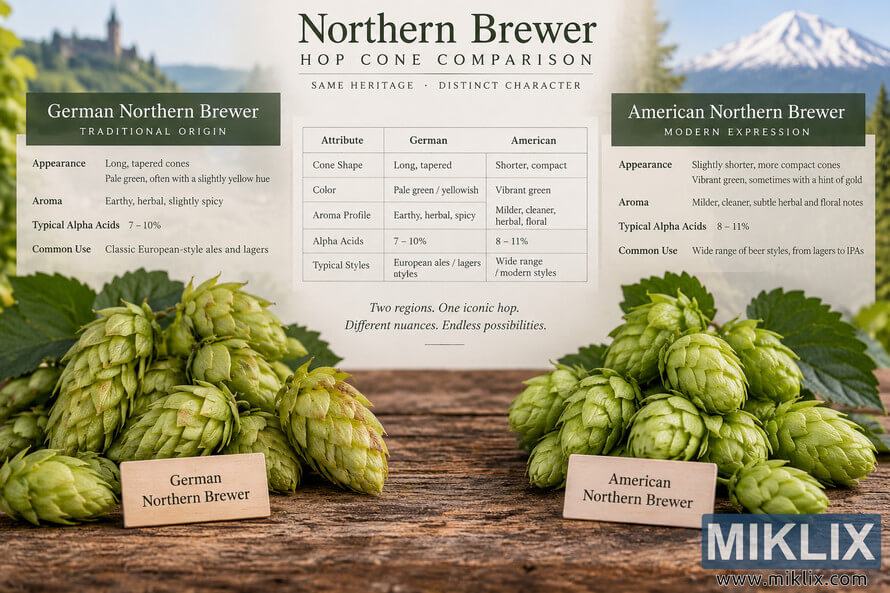 Landscape comparison of German and American Northern Brewer hop cones on a rustic wooden table, with German hops shown as paler and more elongated on the left and American hops as greener and more compact on the right, accompanied by an informational comparison table and regional landscape backgrounds.