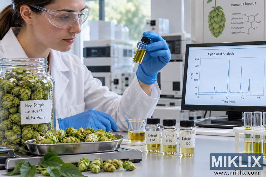 Scientist in a laboratory examines a golden hop extract beside hop cones, prepared samples, analytical equipment, and a monitor displaying an alpha acid analysis chromatogram.