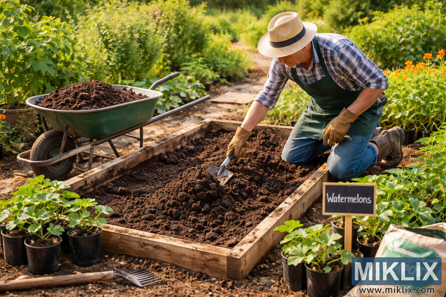 Gardener mixing compost into a raised garden bed to prepare soil for planting watermelon seedlings in a sunny vegetable garden. Gardener mixing compost into a raised garden bed to prepare soil for planting watermelon seedlings in a sunny vegetable garden.