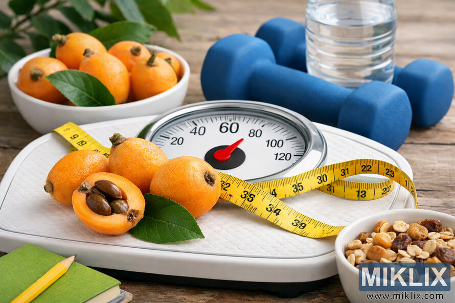 A detailed photograph showing ripe loquats on a bathroom scale with a measuring tape, symbolizing weight management and healthy living. A detailed photograph showing ripe loquats on a bathroom scale with a measuring tape, symbolizing weight management and healthy living.