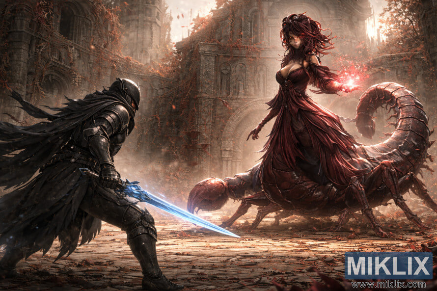 Brightened dark fantasy artwork showing the Tarnished in Black Knife armor wielding a glowing blue sword while facing the towering Romina, Saint of the Bud, inside a ruined gothic church.