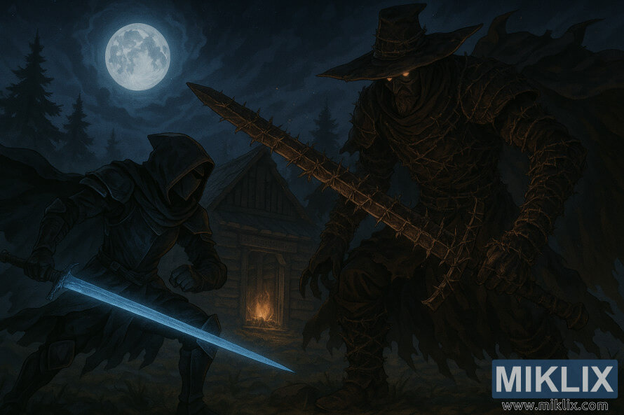 Fanowska grafika Elden Ring w stylu anime przedstawiajÄ
ca zbrojÄ Tarnished in Black Knife stojÄ
cÄ
naprzeciw Åowcy NiosÄ
cego Dzwon, owiniÄtÄ
w drut kolczasty i dzierżÄ
cÄ
potÄżny dwurÄczny miecz w pobliżu Chatki Kupca Pustelnika w Åwietle ksiÄżyca. Fanowska grafika Elden Ring w stylu anime przedstawiajÄ
ca zbrojÄ Tarnished in Black Knife stojÄ
cÄ
naprzeciw Åowcy NiosÄ
cego Dzwon, owiniÄtÄ
w drut kolczasty i dzierżÄ
cÄ
potÄżny dwurÄczny miecz w pobliżu Chatki Kupca Pustelnika w Åwietle ksiÄżyca.