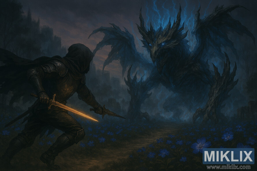 Realistic fantasy art of Tarnished in Black Knife armor battling Ghostflame Dragon at Moorth Highway