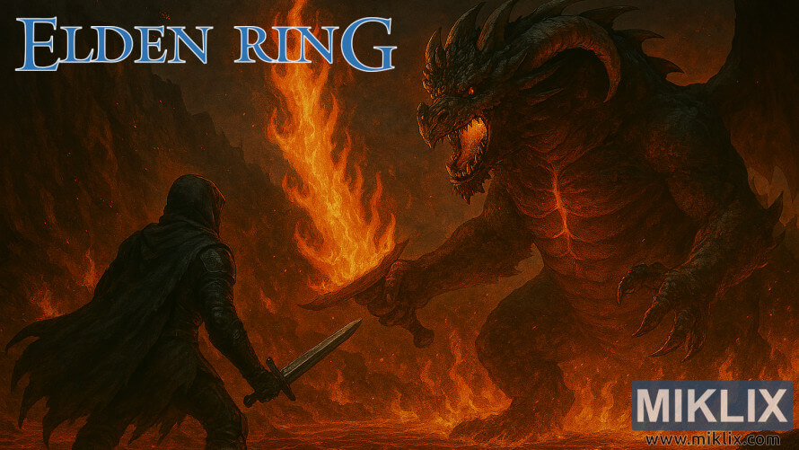 A Black Knife assassin confronts a massive Magma Wyrm on a fiery lava lake near Fort Laiedd in an Elden Ring fan art scene. A Black Knife assassin confronts a massive Magma Wyrm on a fiery lava lake near Fort Laiedd in an Elden Ring fan art scene.