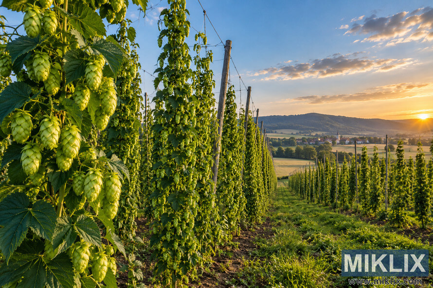 Landscape view of a Czech hop farm with mature green hop cones and vines climbing traditional wooden trellis systems, overlooking fields, a rural village, wooded hills, and a warm golden-hour sunset. Landscape view of a Czech hop farm with mature green hop cones and vines climbing traditional wooden trellis systems, overlooking fields, a rural village, wooded hills, and a warm golden-hour sunset.