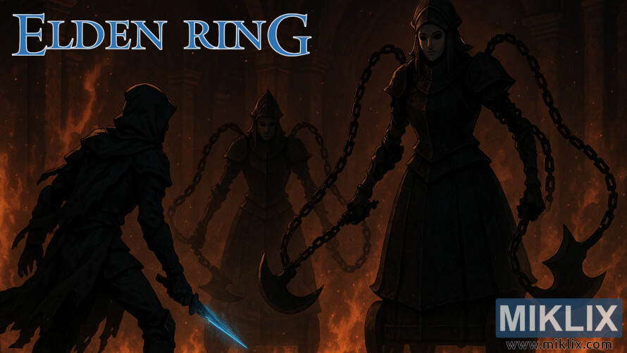 A Tarnished wearing Black Knife armor faces two towering Abductor Virgins in a fiery chamber inside Volcano Manor. A Tarnished wearing Black Knife armor faces two towering Abductor Virgins in a fiery chamber inside Volcano Manor.