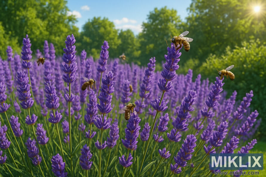 Plantes de lavande en pleine floraison avec des abeilles pollinisant sous la lumiÃ¨re du soleil et un ciel bleu clair.