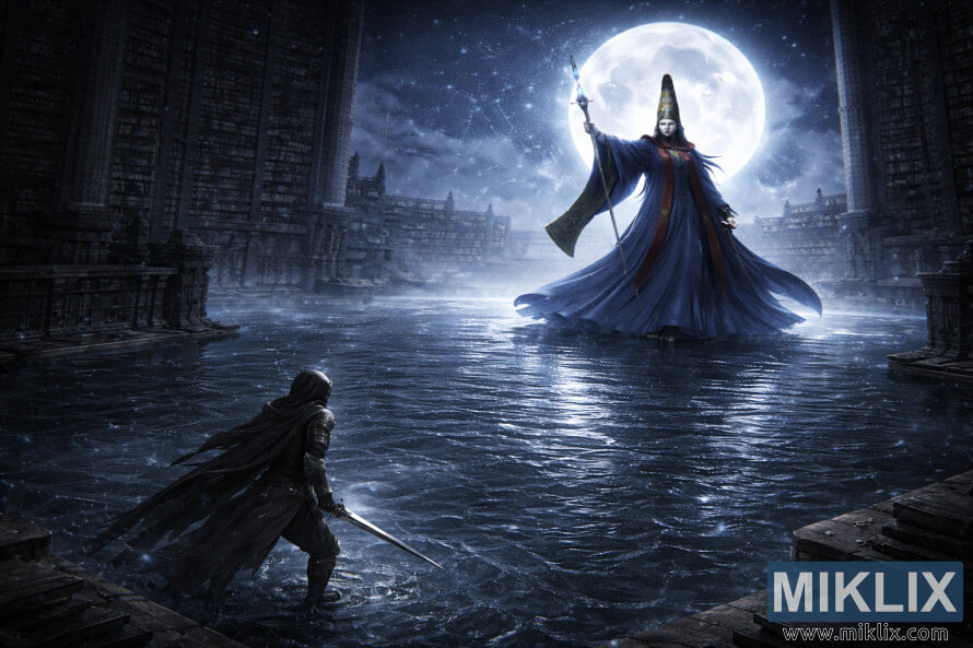 Une Åuvre de fantasy sombre de paysage montrant le Sans-Ã©clat de dos avec une Ã©pÃ©e, face Ã  une Rennala imposante sous une pleine lune dans la bibliothÃ¨que inondÃ©e de lâAcadÃ©mie Raya Lucaria.