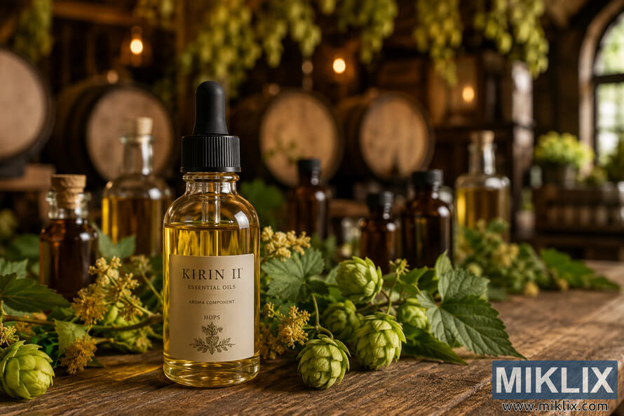 Elegant amber glass bottles of essential oils arranged on a rustic wooden table with fresh green hops and yellow hop flowers in a warmly lit brewery interior with wooden barrels in the background. Elegant amber glass bottles of essential oils arranged on a rustic wooden table with fresh green hops and yellow hop flowers in a warmly lit brewery interior with wooden barrels in the background.