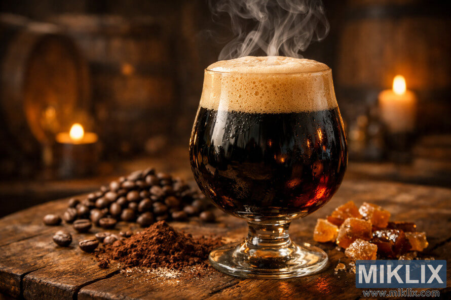 Close-up stilleven van een schuimend Belgisch stoutbier in een glas op een rustieke houten tafel, omringd door koffiebonen, cacaopoeder, gekaramelliseerde suiker en een zacht vervaagde achtergrond van een brouwerij met kaarslicht. Close-up stilleven van een schuimend Belgisch stoutbier in een glas op een rustieke houten tafel, omringd door koffiebonen, cacaopoeder, gekaramelliseerde suiker en een zacht vervaagde achtergrond van een brouwerij met kaarslicht.