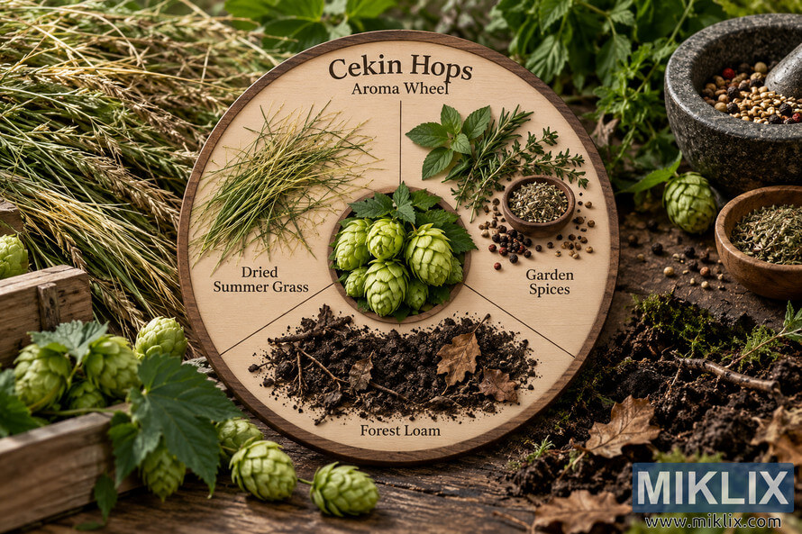 Rustic wooden Cekin hops aroma wheel surrounded by fresh hop cones, dried summer grass, garden herbs and spices, and dark forest loam with leaves, roots and moss. Rustic wooden Cekin hops aroma wheel surrounded by fresh hop cones, dried summer grass, garden herbs and spices, and dark forest loam with leaves, roots and moss.